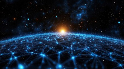 Glowing blue network of interconnected nodes and lines forming a curved digital globe with bright sunrise above a starry space background, evoking futuristic awe and connectivity