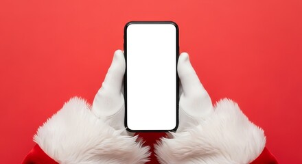 Santa claus holding a blank smartphone against a red background