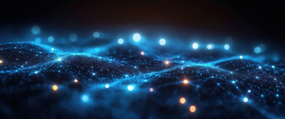 undulating glowing blue particle mesh with connected light nodes and warm orange highlights, calm futuristic digital landscape