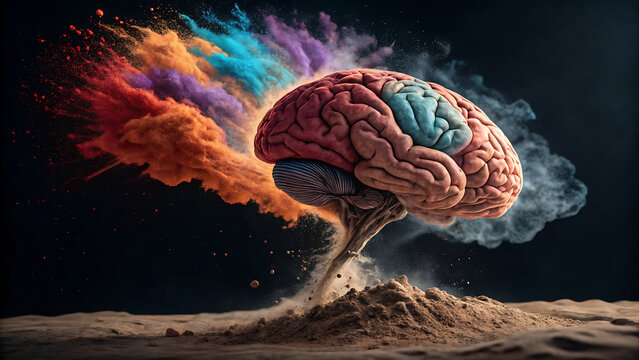 Human brain emerging from ground with vibrant colorful smoke, symbolizing creativity, thought, and mental growth