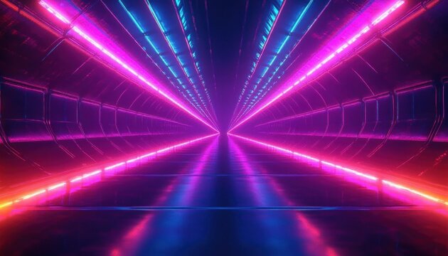 symmetrical neon tunnel with glowing pink, purple and blue lights, reflective glossy floor and converging vanishing point conveying a futuristic, immersive, hypnotic atmosphere - Powered by Adobe