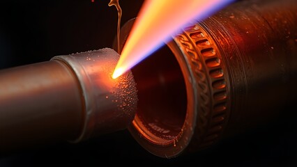 accuser. Extreme close-up of copper pipe joint with molten silver brazing. safety posters, maintenance manuals, designed for precision metalworking and fabrication facilities.
