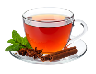 Fragrant hot tea with cinnamon stick and anise isolated on transparent png