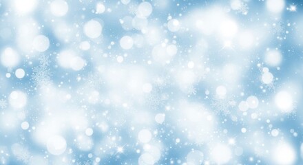 Fototapeta premium Abstract background of sparkling white bokeh lights and falling snow effect on a soft blue gradient, creating a magical and festive winter atmosphere for holiday design