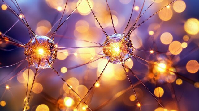 Abstract visualization of a neural network, showing interconnected neurons with glowing centers and radiating dendrites, set against a bokeh background of warm, - Powered by Adobe