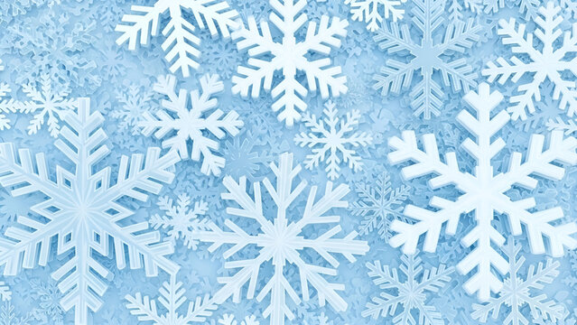 A detailed close-up view of numerous white snowflakes scattered across a soft blue background, creating a winter wonderland