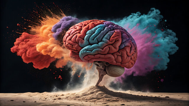 Human brain with vibrant colorful powder explosions symbolizing creativity, intelligence, and mental health
