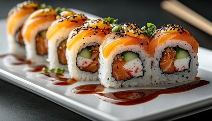row of salmon-topped sushi rolls with rice, cucumber, cream cheese and roe, sprinkled with black sesame and microgreens, glazed with dark sauce on a white plate, appetizing elegant presentation