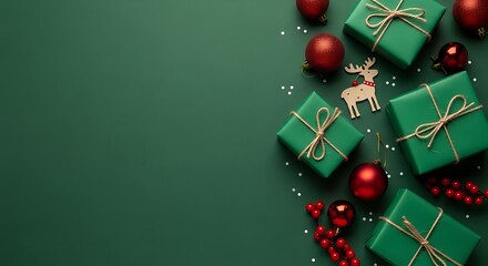 Festive green christmas gifts with red ornaments and reindeer accent