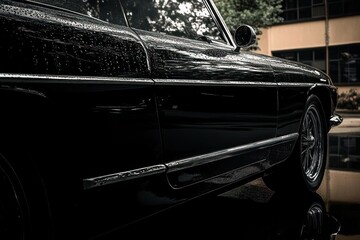 Close-up of vintage black car side with rain droplets reflecting a city building and chrome trim, classic wheel and mirror, moody elegant rainy urban scene
