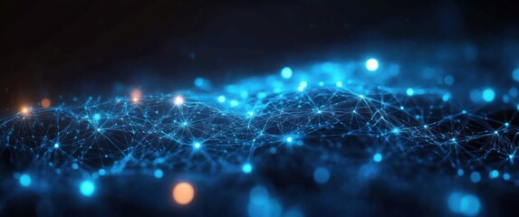 glowing blue network mesh of connected nodes and lines over a dark background expressing futuristic connectivity and dynamic energy