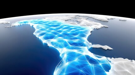 A 3D rendering of North America on a globe, overlaid with a glowing blue digital network grid, representing global connectivity and data flow.