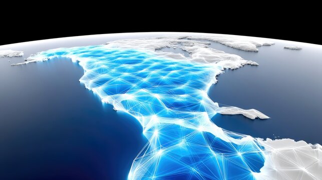 A 3D rendering of North America on a globe, overlaid with a glowing blue digital network grid, representing global connectivity and data flow. - Powered by Adobe