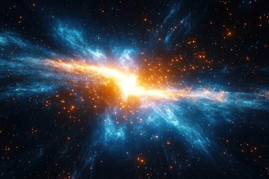 bright golden-orange galactic core with sweeping blue nebula filaments and scattered orange stars across deep space, evoking awe and cosmic wonder - Powered by Adobe