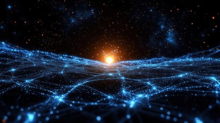 glowing blue network landscape of connected nodes forming undulating waves under a starry cosmic sky with a warm orange sun on the horizon evoking wonder and futuristic awe