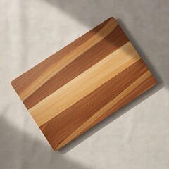 Wooden cutting board on white linen background with shadow overlay kitchenware accessory for food preparation and serving in minimalist style top view