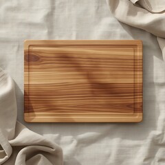 Rectangular wooden cutting board on wrinkled white linen background kitchenware accessory for food preparation and serving in minimalist style with groove edge