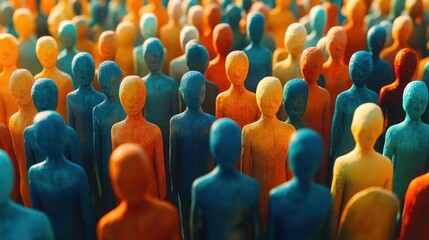 Obraz premium rows of painted wooden human figures in teal and orange standing closely together conveying unity and anonymity