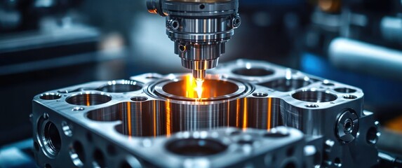 cnc machining head cutting a polished metal engine block with glowing sparks, conveying high-tech precision and intense industrial focus