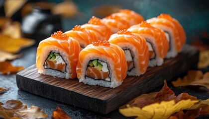 Eight salmon-topped sushi rolls filled with rice, avocado and cream cheese, crowned with salmon roe on a dark wooden board amid autumn leaves, warm inviting and indulgent
