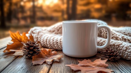 White mug on a wooden table with knitted blanket, scattered autumn leaves and pine cones in warm golden light, evoking a cozy tranquil fall morning