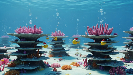 Whimsical Underwater Christmas Wonderland Playful Fish in Santa Hats Amidst Vibrant Coral Reefs, Creating a Magical and Festive Marine Celebration in the Deep Blue Sea