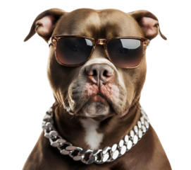 Cool pitbull puppy with sunglasses and chain, isolated funny tough dog with silver necklace, studio shot cute gangster rapper attitude, brown canine fashion pet portrait