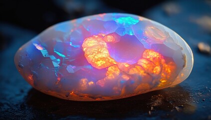 Macro close-up of a polished opal gemstone resting on a dark surface, its crystalline interior glowing with fiery orange, electric blue and purple iridescence, mesmerizing and ethereal