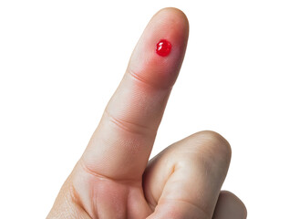 Isolated finger prick blood drop test, human hand measuring diabetic glucose sugar, medical health care liquid sample, closeup bleeding wound analysis
