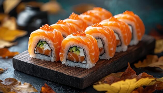 Eight salmon-topped sushi rolls filled with rice, avocado and cream cheese, crowned with salmon roe on a dark wooden board amid autumn leaves, warm inviting and indulgent - Powered by Adobe