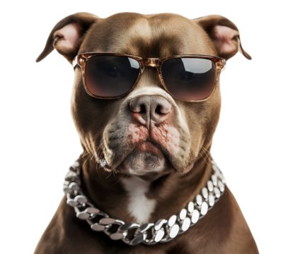 Cool pitbull puppy with sunglasses and chain, isolated funny tough dog with silver necklace, studio shot cute gangster rapper attitude, brown canine fashion pet portrait