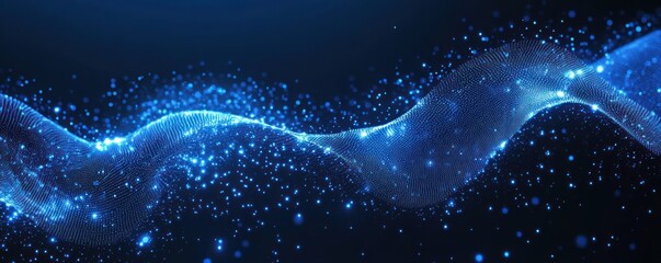 Glowing blue particle wave and shimmering digital mesh of sparkling dots on a dark background, evoking a mesmerizing futuristic energy