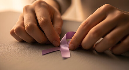Gentle Hands Supporting a Lavender Ribbon Symbol of Hope and Awareness for Cancer Related Initiatives and Research Donations Support