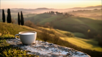 A white cup of coffee sits on a textured stone surface with a scenic landscape of rolling green hills and cypress trees in the background during a golden sunris