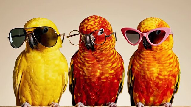 Three Adorable Parrots Wearing Sunglasses and Glasses Posing Together.