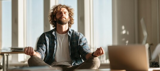 Man Practicing Seated Breathing Exercises in Sunlit Workspace