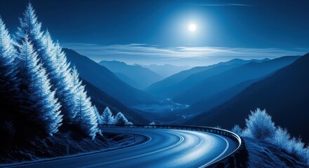 Winding mountain road illuminated by bright moonlight under a clear, cold winter night sky, with snowcovered pine trees lining the steep slopes of the valley