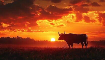 Lone horned cow silhouette standing in tall grass at a fiery orange sunset with dramatic clouds and distant tree line, evoking calm and contemplative mood