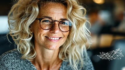 Thoughtful woman in trendy glasses working on computer with digital cloud concept displayed - Powered by Adobe