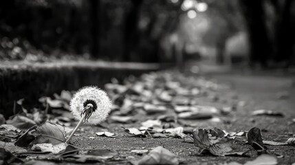 A single dandelion seed head stands on a path covered with fallen leaves. The image is in black and white with a moody, soft lighting effect, creating a melanch