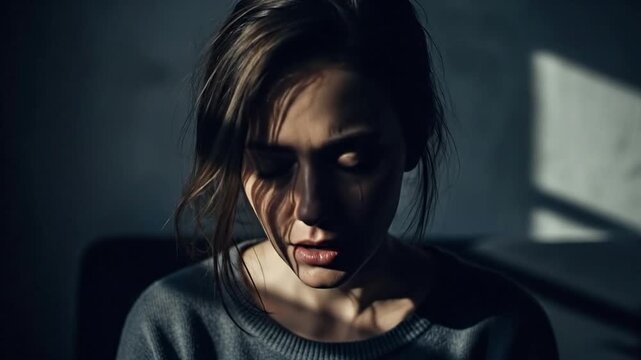 Sad woman shrouded in shadows, a cinematic portrait of depression and loneliness