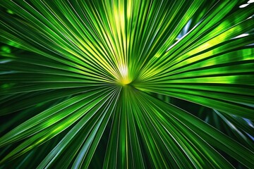 Obraz premium Close-up of a vibrant green fan-shaped palm leaf with radiating sunlit lines, fresh and energizing