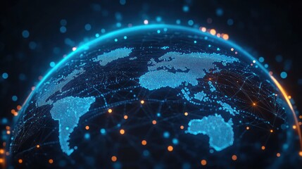 glowing digital earth with dotted continents, interconnected network lines and orange nodes on a dark background conveying futuristic global connectivity and wonder