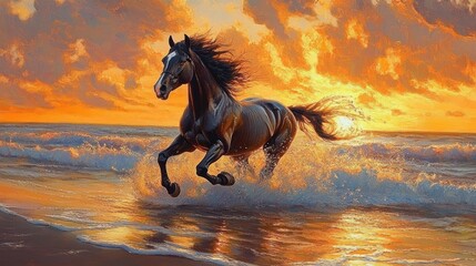 black horse galloping through ocean surf at golden sunset with dramatic clouds, splashing water and flying mane, a powerful joyful scene of freedom and exhilaration