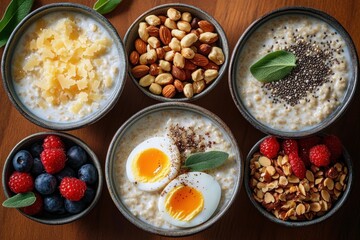 Overhead view of six rustic bowls of creamy oatmeal on a wooden table topped with soft-boiled eggs, chia seeds, grated cheese, mixed nuts, chopped almonds, fresh berries and sage, cozy and wholesome
