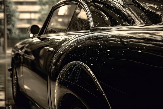 Glossy black vintage car rear quarter with rain droplets on curved fender, side mirror and window reflections in moody sepia light evoking nostalgia and elegance - Powered by Adobe