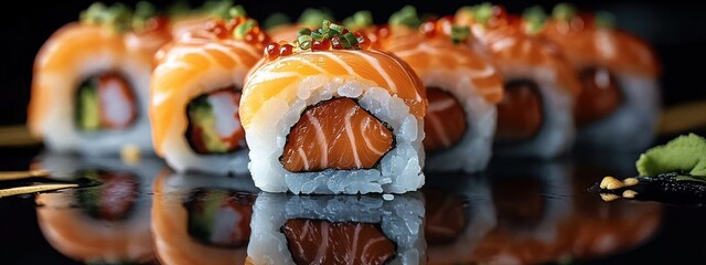 close-up of fresh salmon sushi rolls with rice and salmon center topped with fish roe and chopped chives, wasabi at the side, reflected on a glossy black surface, appetizing and elegant