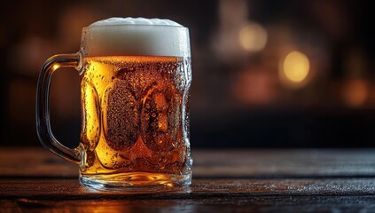 frosted glass beer mug filled with amber lager and frothy head on a wooden table with condensation droplets and warm blurred lights, cozy inviting and refreshing mood