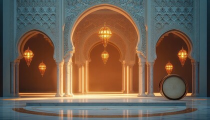 ornate arched hall with carved columns, glowing hanging lanterns, marble reflective floor and a large round drum in a serene warm golden ambiance