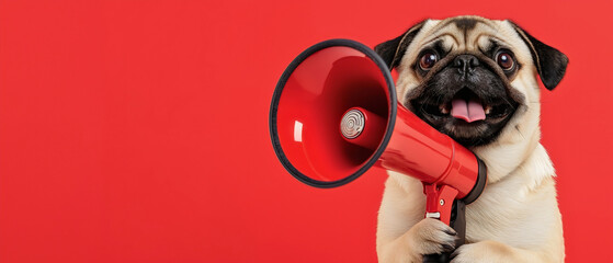 Cute pug puppy with red megaphone, funny animal shouting announcement concept, isolated vibrant background pet communication, adorable canine speaker promotion